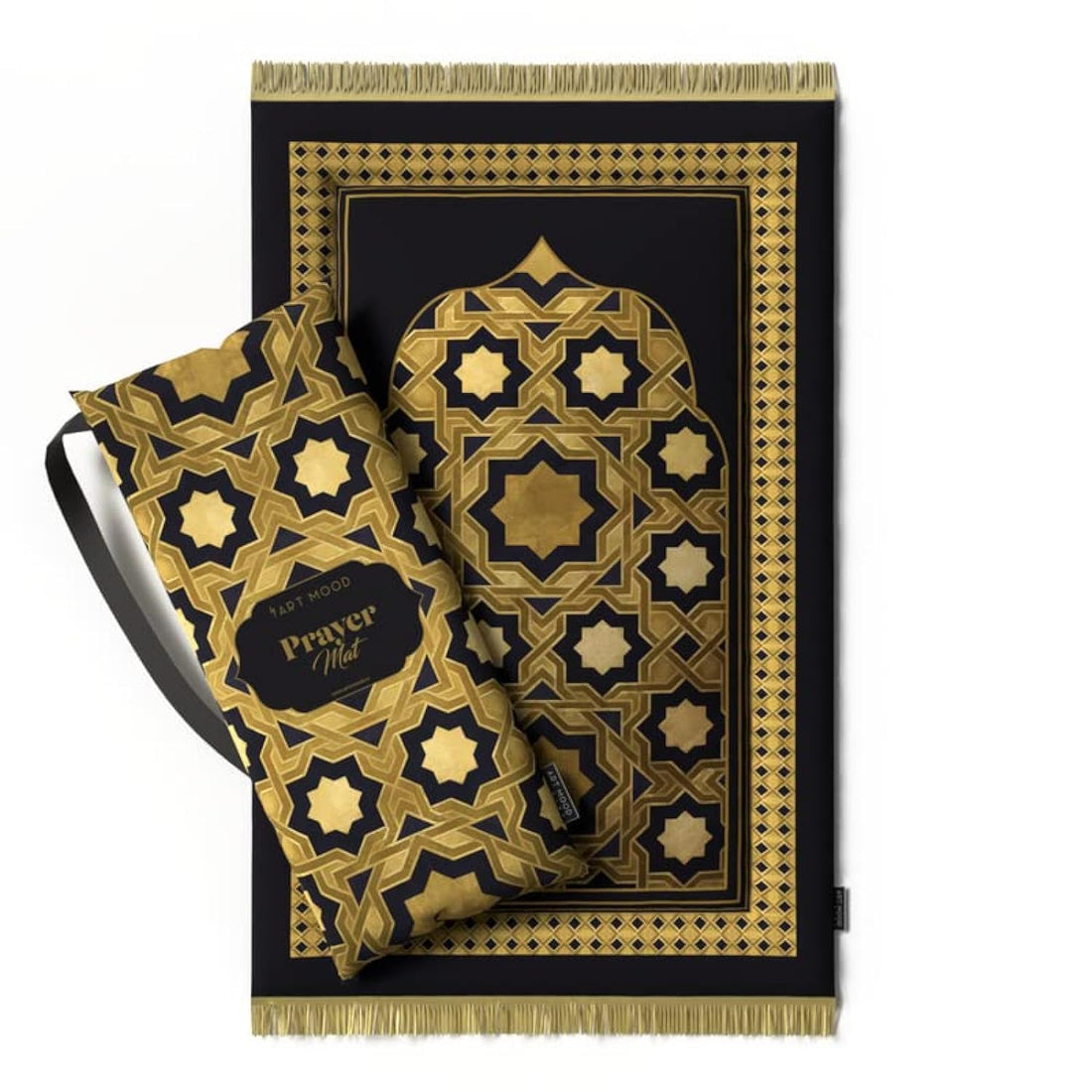 ART MOOD HOME Prayer Mat Padded Prayer Rug Mat, Velvet with Elegant Design, Soft Low Pile with Supportive Cushioning, Lightweight and Foldable for Home and Mosque, 117L × 68W cm,Elegant Gold and Black
