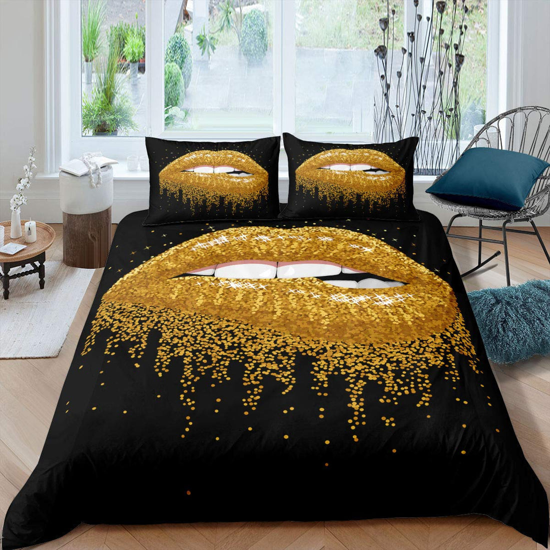 Erosebridal Women Duvet Cover Set Queen Size Lips Bedding Set Fashion Sexy Red Biting Lips Comforter Cover Sparkles Lips Pattern Decorative 3 Piece Bedding Set with 2 Pillow Shams,Golden