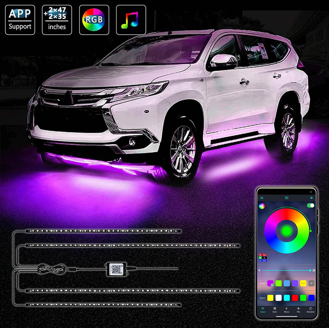 Exterior Car Underglow LED Strip Lights, 16 Million Colors Neon Accent Lights Kit, Multicolor RGB Sound Actived Underbody System Lights - Wireless Bluetooth APP Control, DC 12-24V(2×47inch+2×35inch)