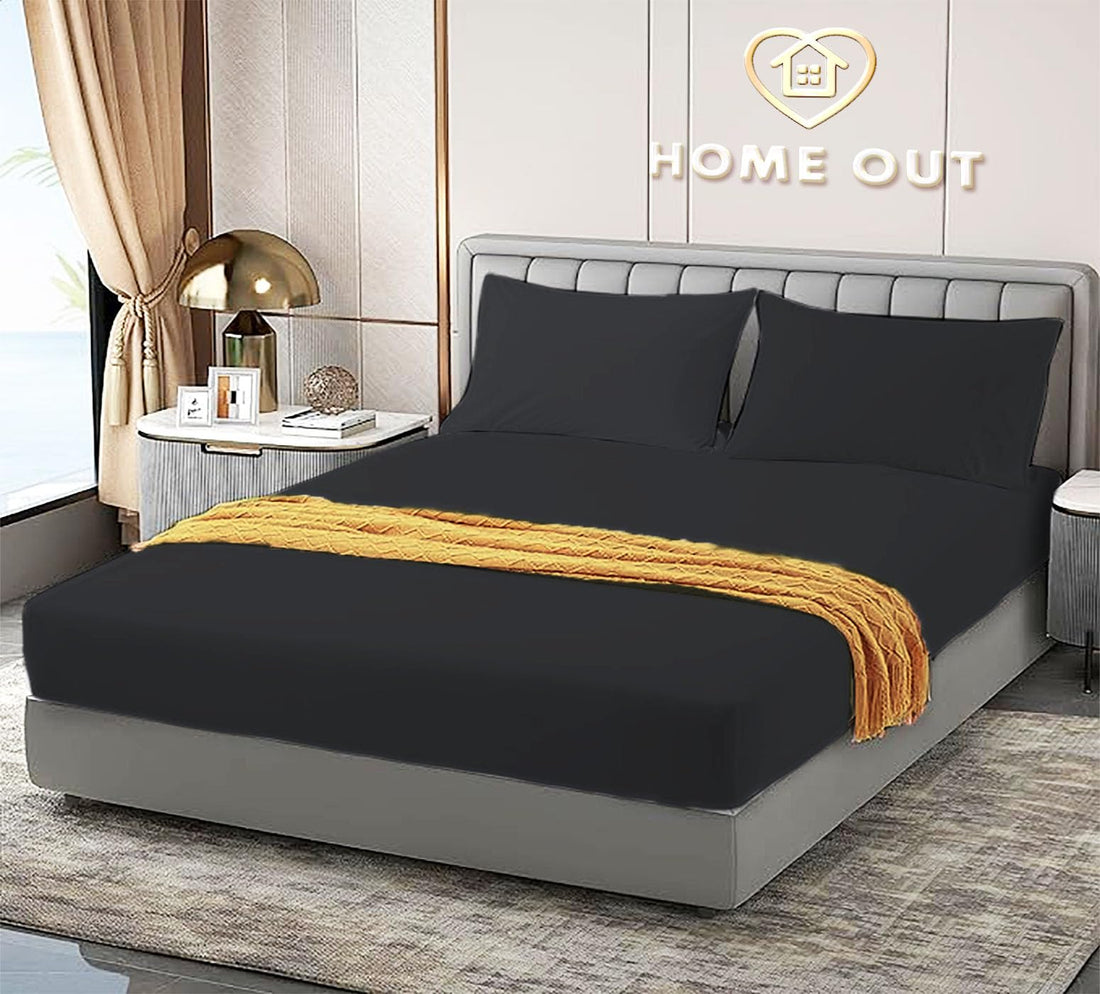 Home Out Premium Elastic Bed Sheets Egyptian Cotton - Fits Master Beds (180cm*200cm) - 3 pcs - Ideal for Hotels & Resorts (Black)