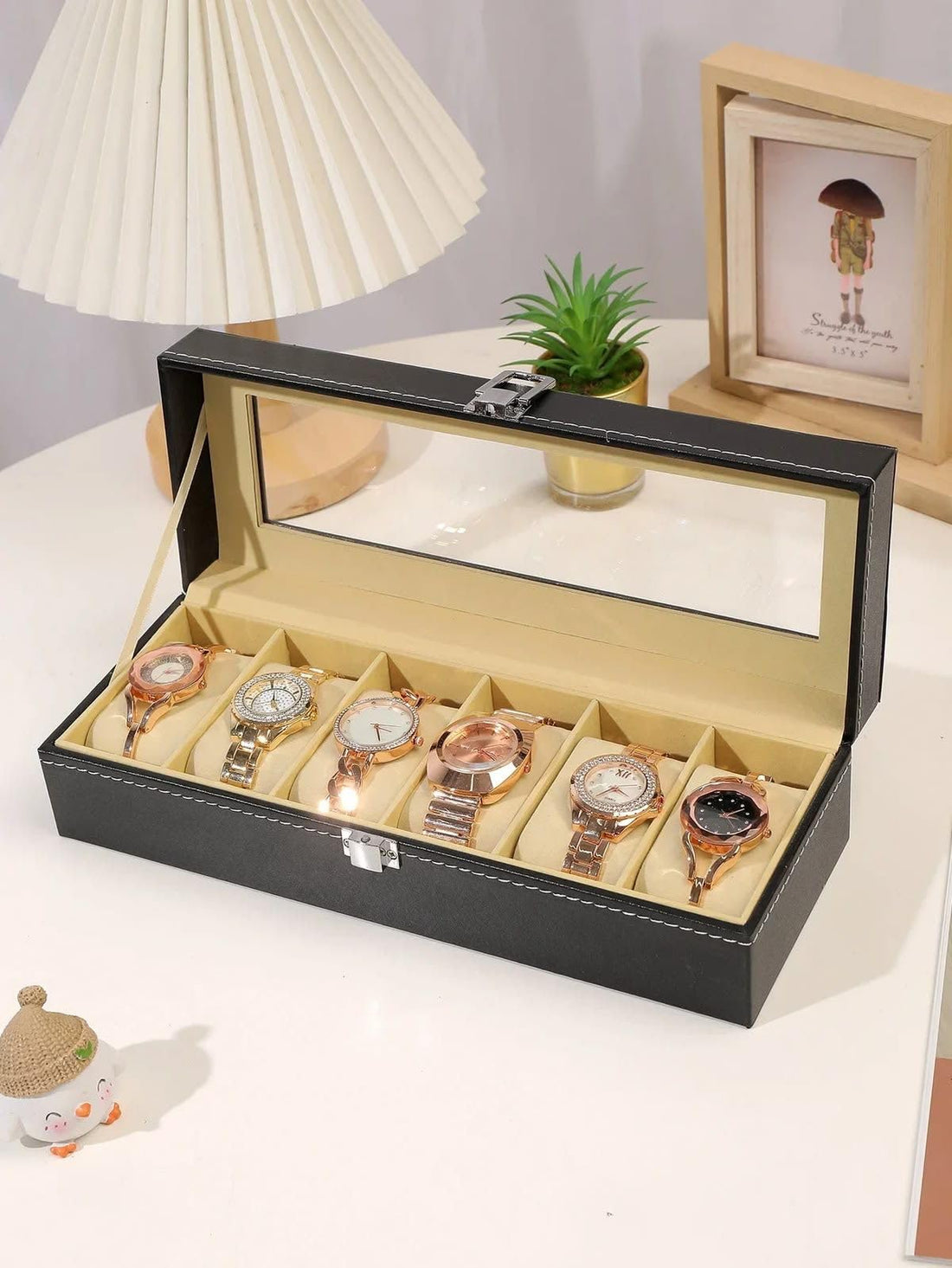 Luxury Leather Watch Organizer 6 Slots Anti-Scratch with Clear Glass Cover and Soft Pillows, Watch Jewelry Storage Display Box