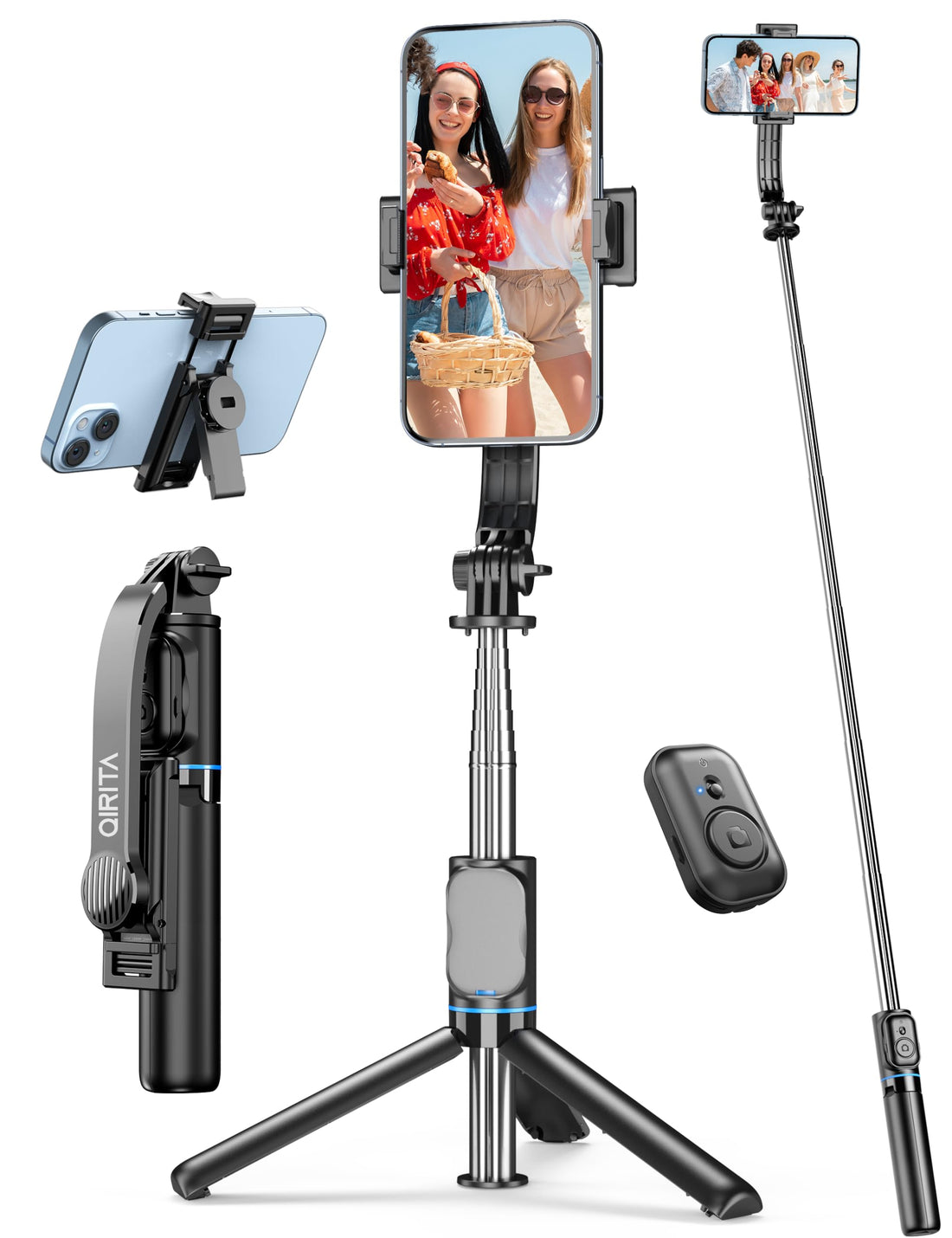 Qirita 41 Inch Extendable Selfie Stick Tripod with Detachable Clip & Wireless Remote Control, 360° Rotation, Compatible with iPhone/Android/Samsung/GoPro