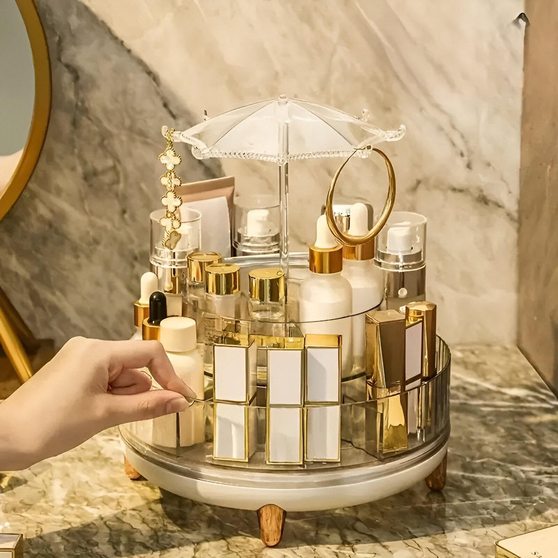 Makeup Holder - Stylish 360-degree rotating organizer designed for easy access to your favorite beauty supplies, constructed with durable acrylic for a modern touch in your vanity.