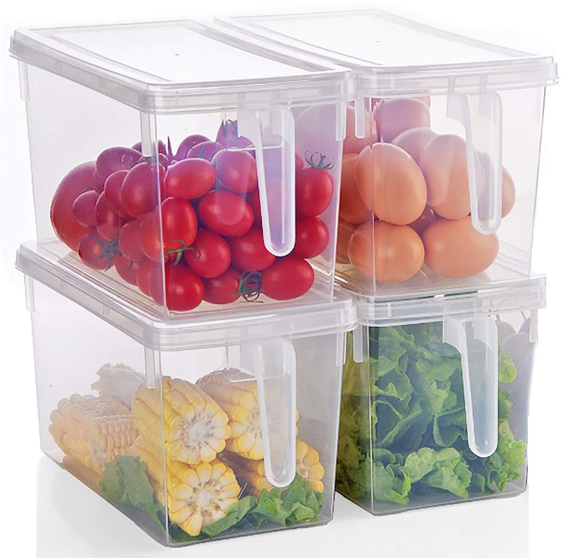 YESLAND 4 Pack 5.5L Fridge Food Storage Organizer, Stackable Large Plastic Storage Containers with Handle, Square Food Storage Boxes with Lids for Fruits, Vegetables, Meat, Eggs, Pasta