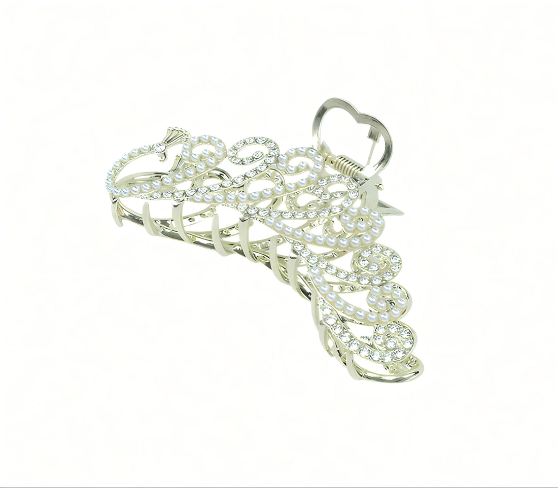 4.3 inch Women's Gold Metal Rhinestone Claw Clips Sparkly Bling Hairpins with Crystal Pearl Embellishments Vintage Crown Design Clips for Wedding Bride Valentine Prom