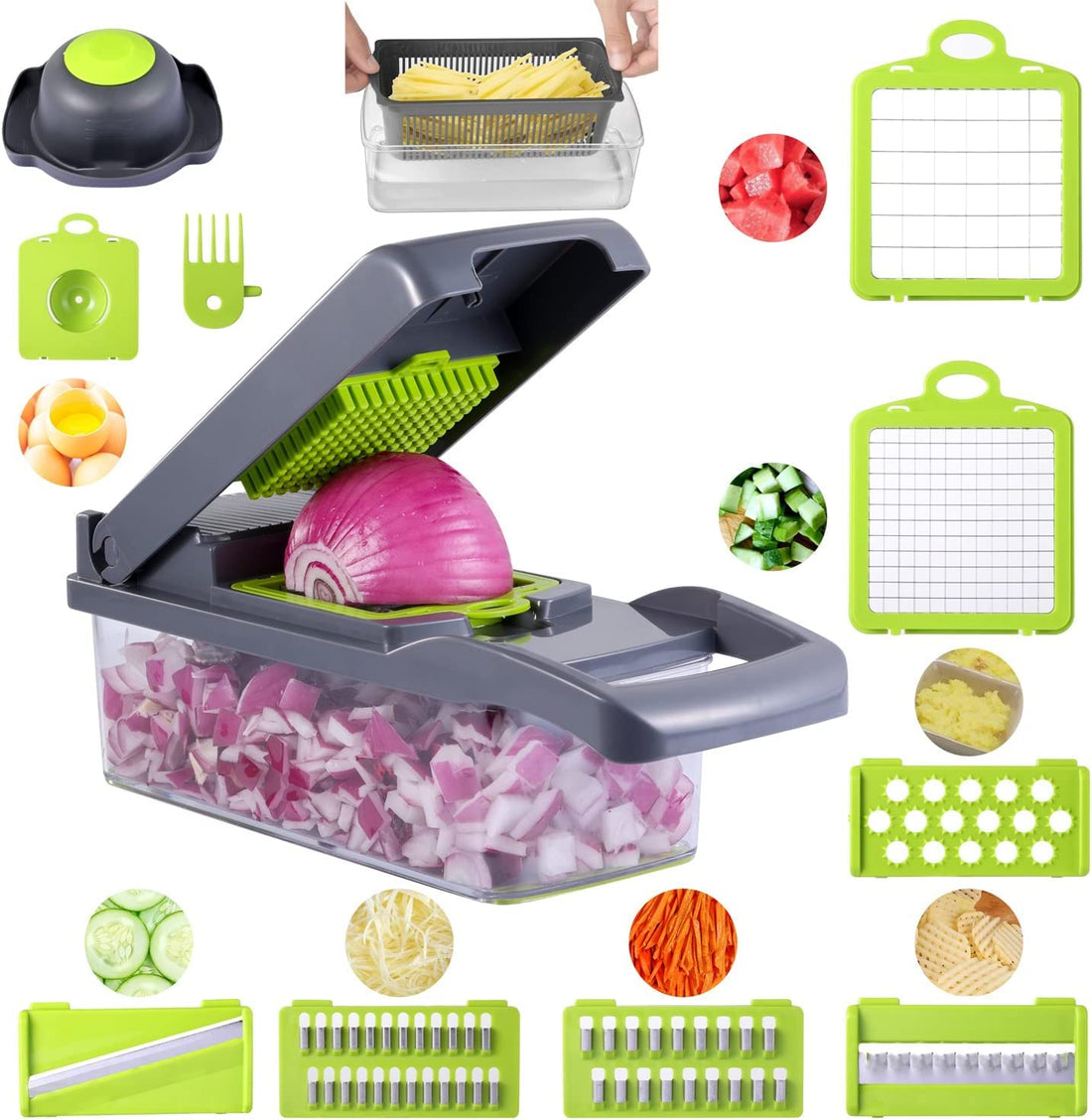 Arabest Vegetable Chopper Slicer, Food Chopper Onion Dicer Veggie Slicer Cutter with Multi-Functional Interchangeable Blades Cheese Grater for Garlic Carrot Potato Tomato Fruit Salad