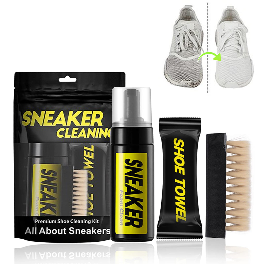 Sports Shoe Cleaning Kit – Foam Cleaner + Waterproof Spray + Deodorizer – For Mesh, Leather, Suede, Canvas, White & Athletic Shoes – Includes Brush & Cloth – No-Rinse (Sneakers Cleaning Kit)