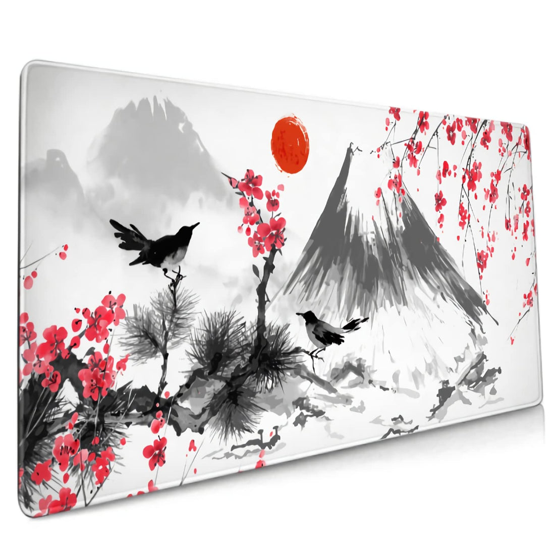 Japanese Mouse Pad 35.4 X 15.7 Inch XXL Art Watercolor Cherry Blossom Birds Pink Full Desk Mousepad Extended Large Non-Slip Rubber Base Keyboard Mat with Stitched Edges for Gaming Office
