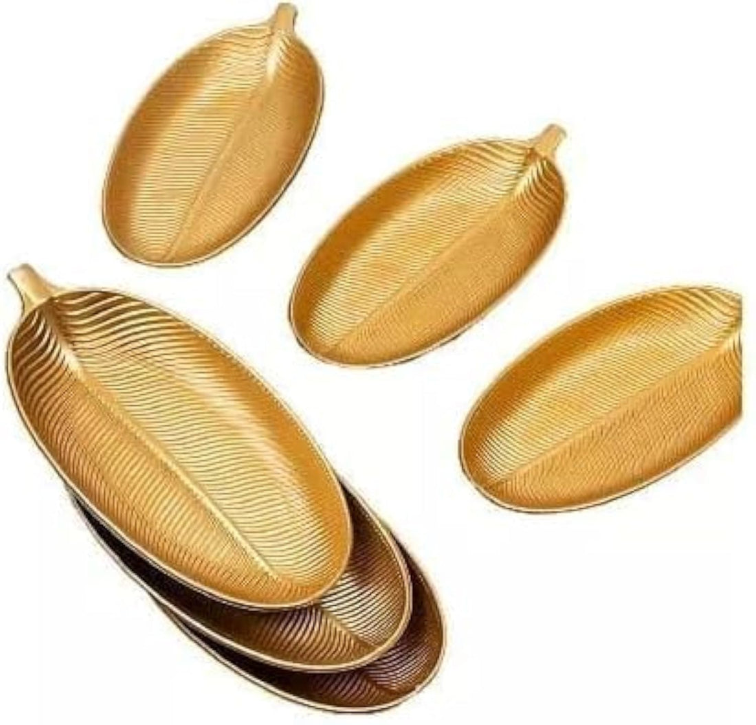 Set of 6 Leaf Printed Nut Serving Plates, Almond Plates, Snacks, All Occasions and Holidays (Gold), Plastic