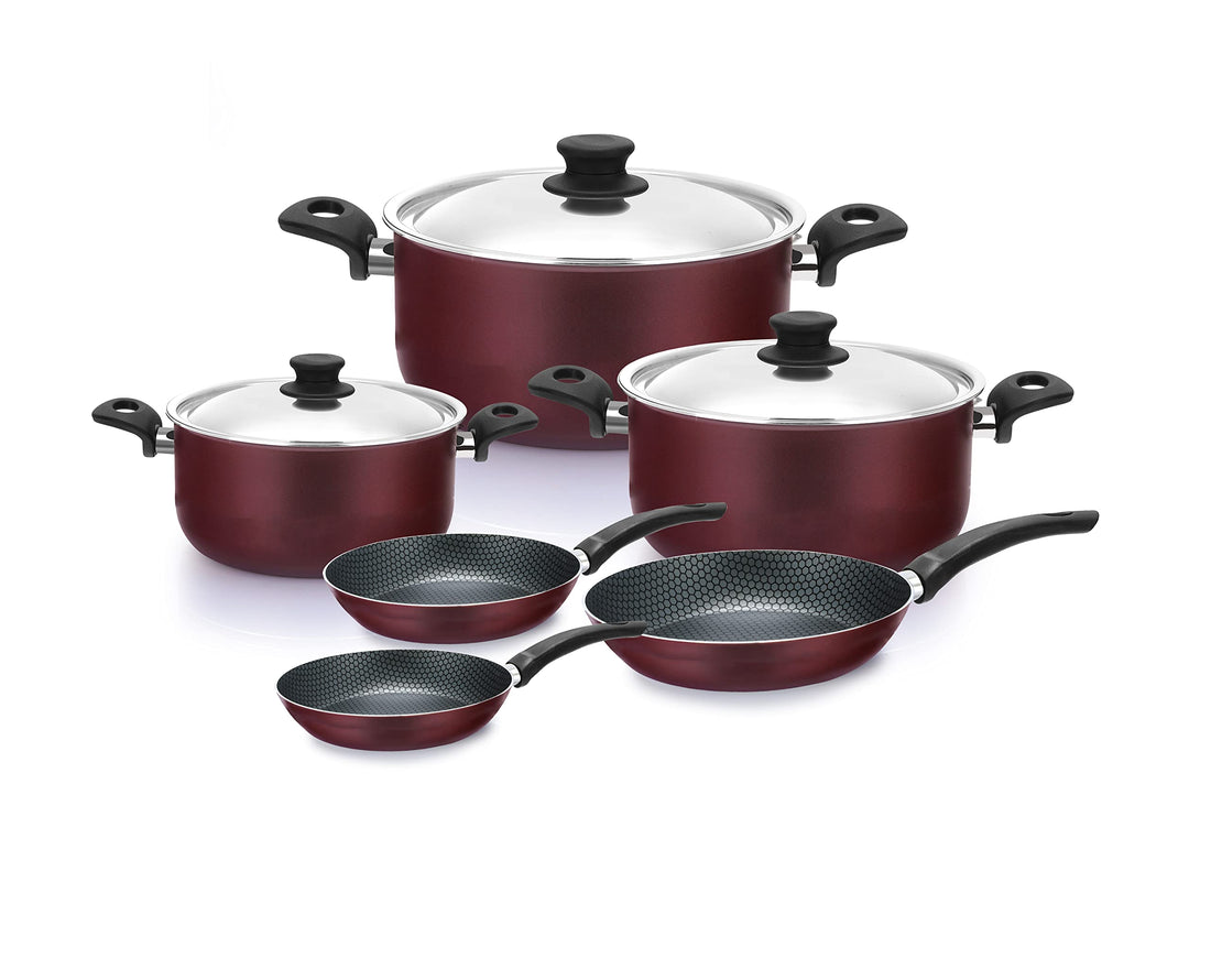Trueval Teflon cookware set 9 pieces المكونات : حله 16-18-24 مقلايه 16-18-24