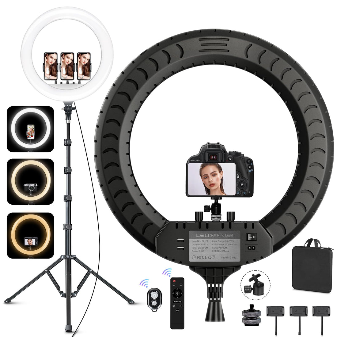21 Inch Ring Light with Tripod Mobile Phone Large CRI 95+, Ring Light 7000 LM, Ring Light with Tripod, DSLR Tripod Head for YouTube, TikTok, Streaming, Makeup, Vlog, Video Photography, Zoom