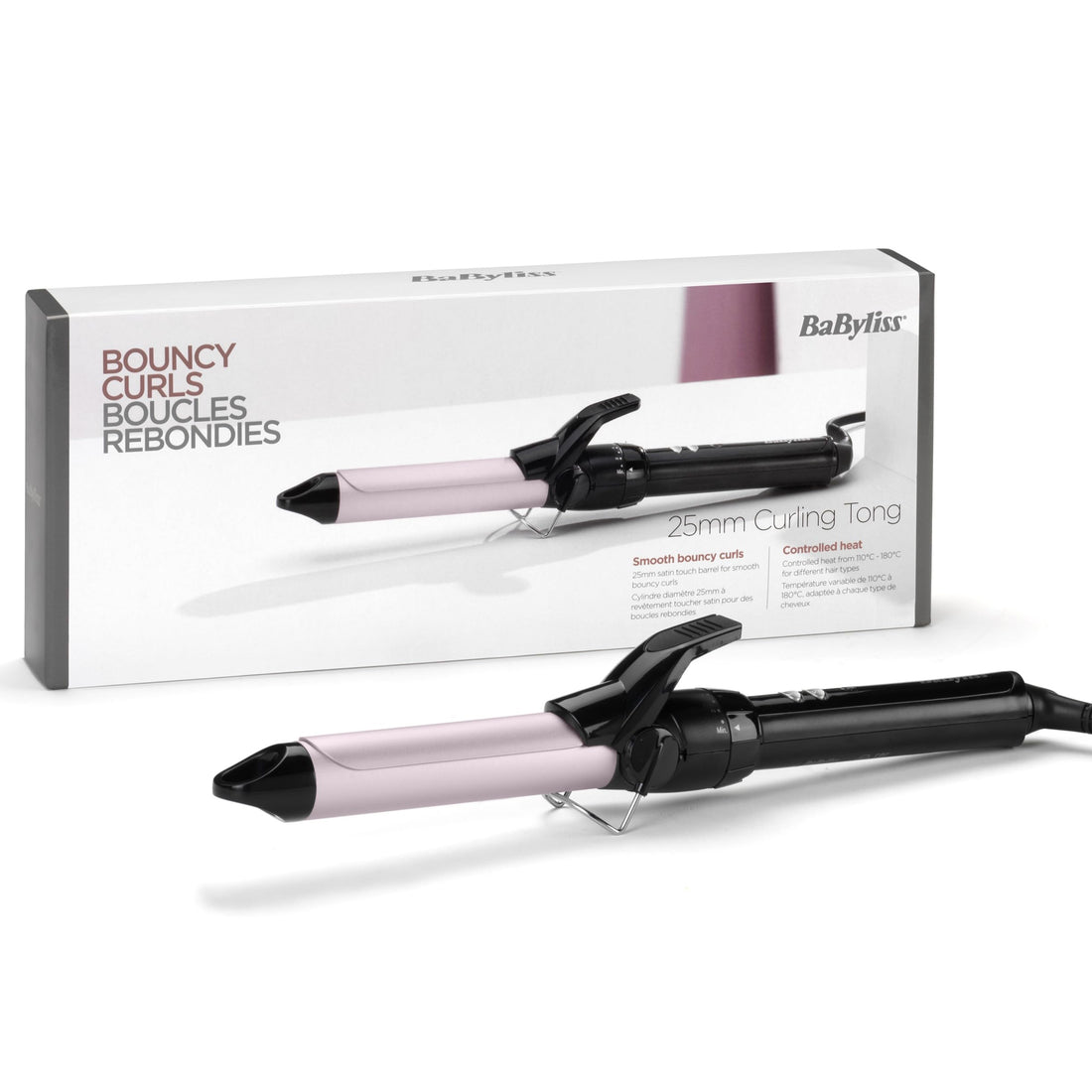 Babyliss 25Mm Curling Tong Clip Curler - Sublim' Touch Ultra-Soft Coated Cylinder, 10 Temperature Settings, Professional Curler With Built-In Safety Bracket, Black And Pink, C325E
