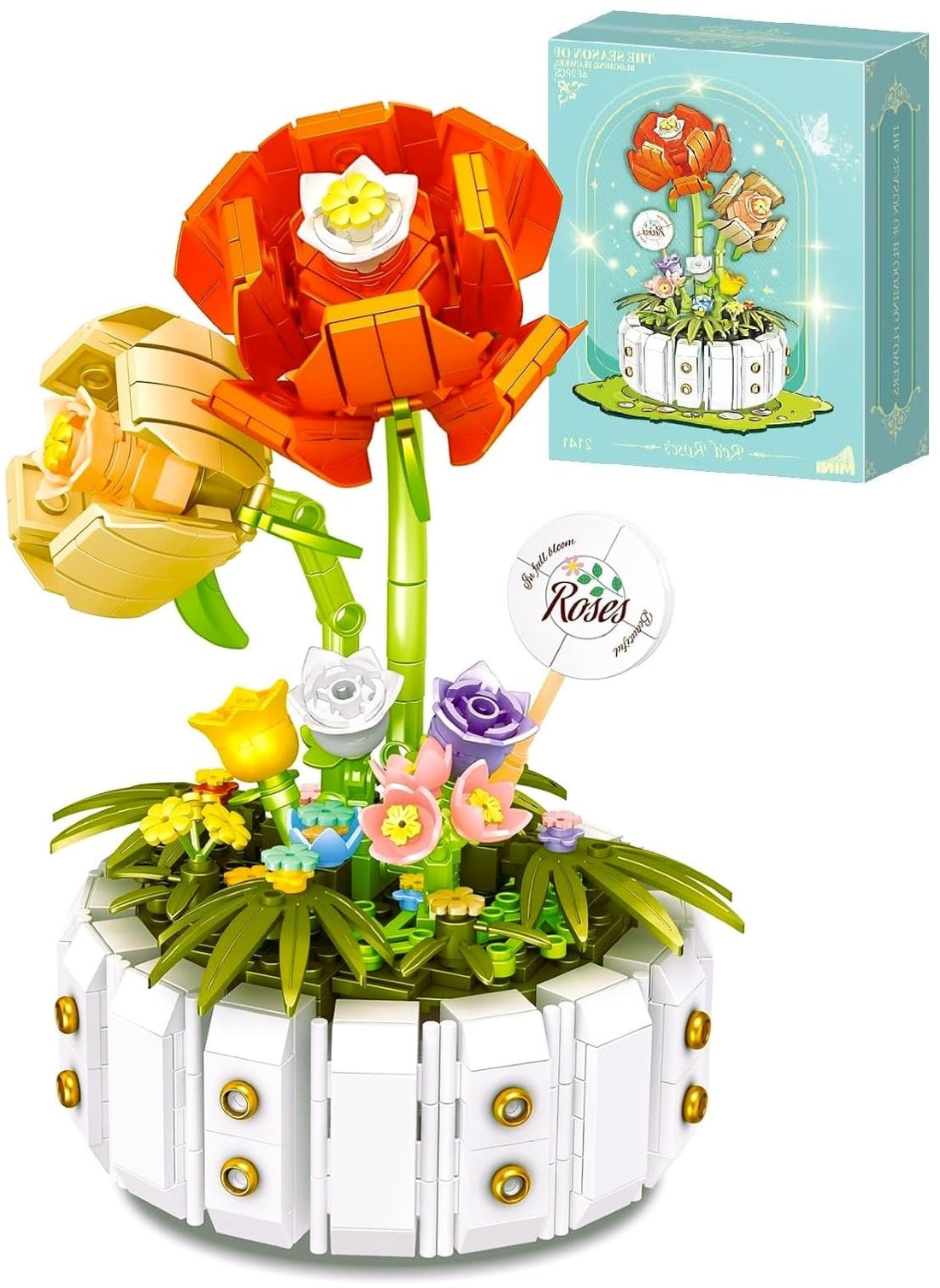 TOYS LAND Flowers Bouquet Building Block Toys, 482PCS Mini Blocks Artificial Flower Set, Plants DIY Mini Bricks Idea Stacking Toy Decor for Home Office, Birthday Gifts for Adults Women Kids (Rose)