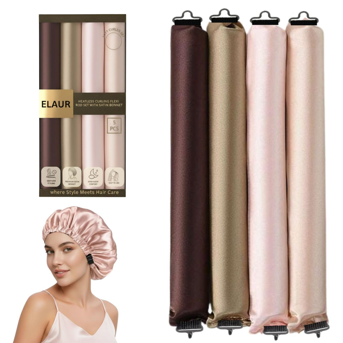 Elaur 4 Pcs Satin Heatless Hair Curler. Soft Hair Curlers to Sleep In, Hair Rollers Curlers for Long Short Hair, No-Heat Overnight Blowout Rods for girls and women.