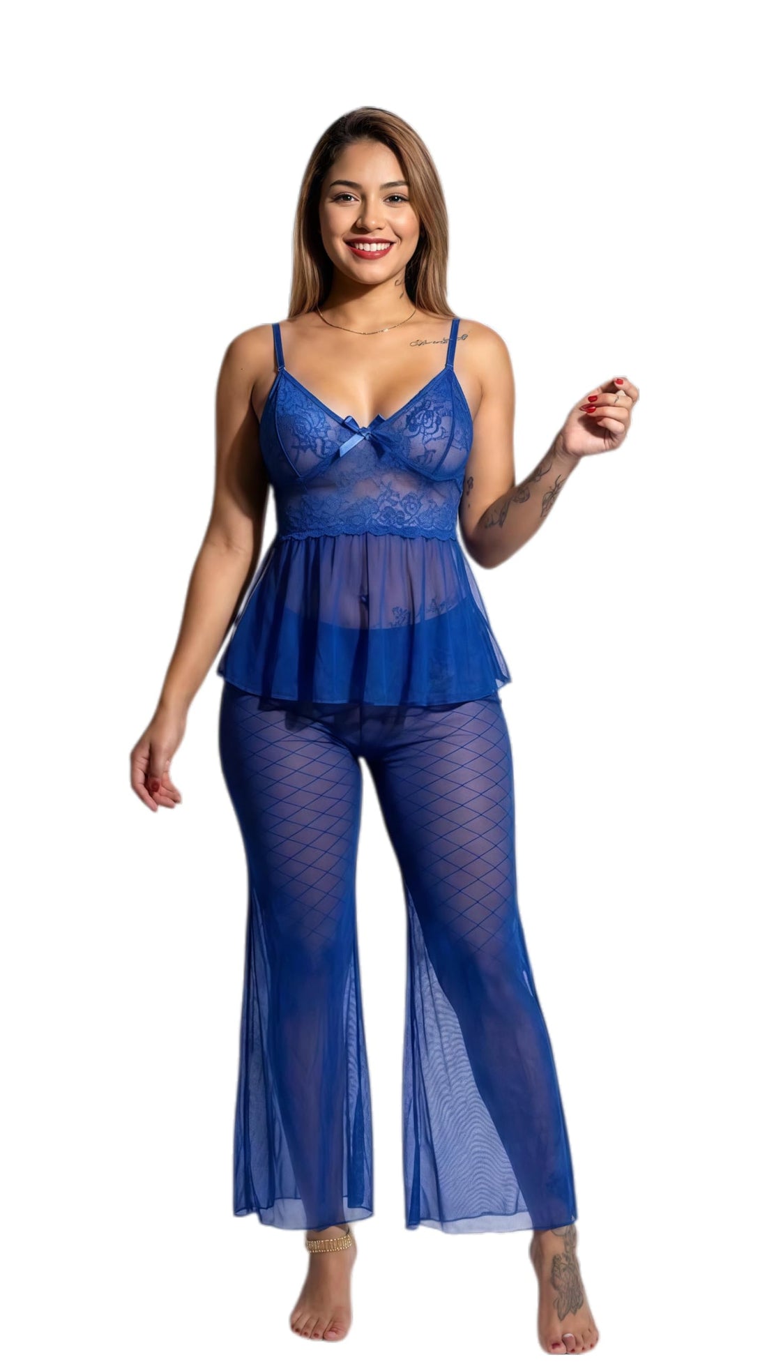MANIKAN Women's Loungewear Set sheer mesh lace cami top with peplum and flare pants stretch breathable comfy lightweight nightwear home wear pajama style relaxed fit easy care