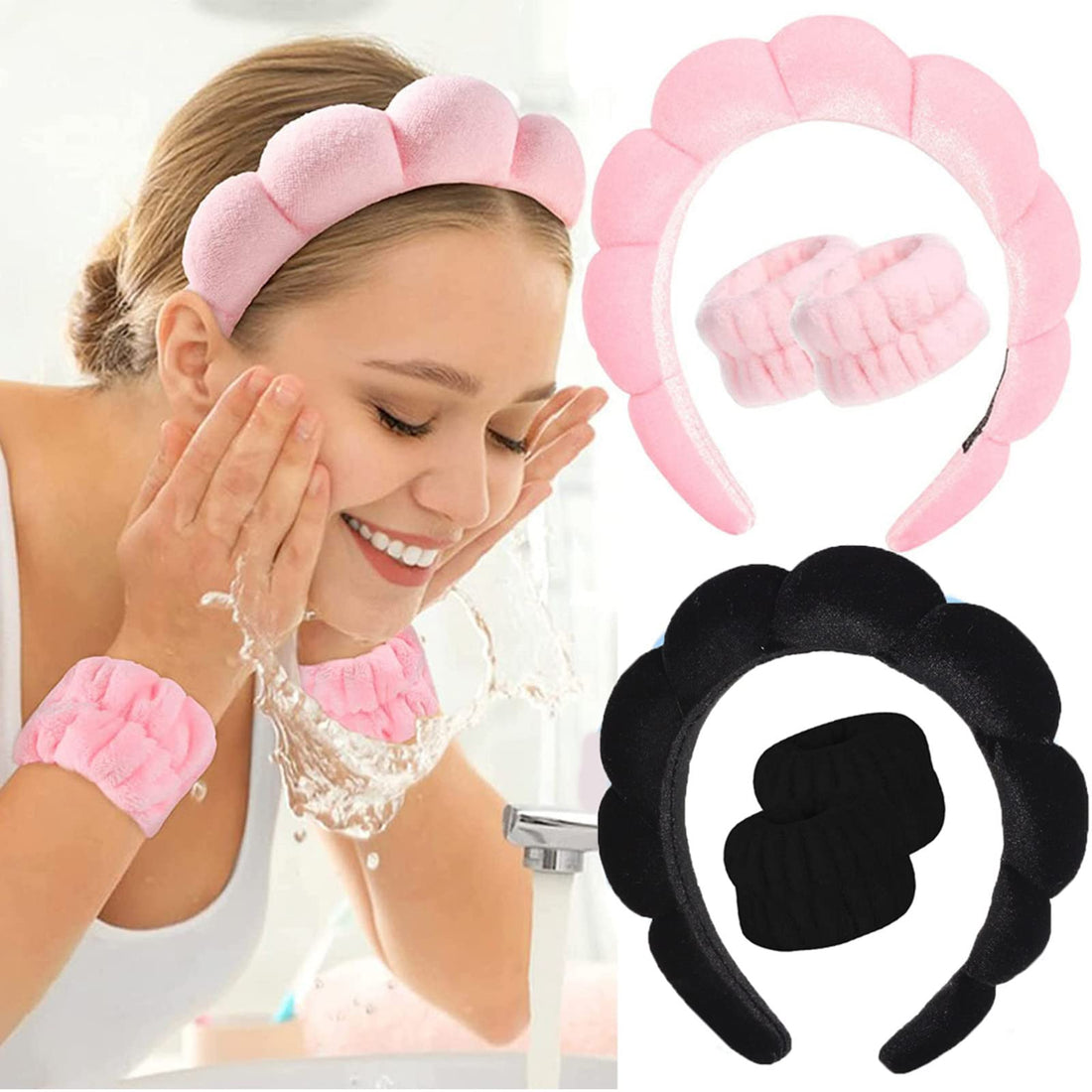 6 Pack Spa Makeup Headband for Washing Face, Mimi and Co Spa Headband and Wristband Set for Women Girls, Sponge Hair Band for Skincare, Makeup Removal, Shower Wrist Spa Washband Hair Accessories
