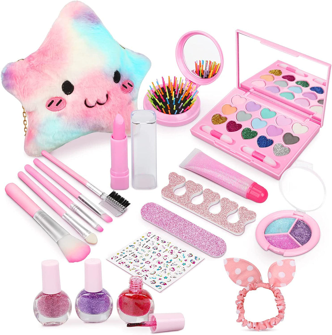 DDMA Kids Makeup Set for Girls, Washable Cosmetics Kit, Real Makeup Toys with Plush Bag, Pretend Play Makeup Beauty Toys Gift Birthday Gift for Girls