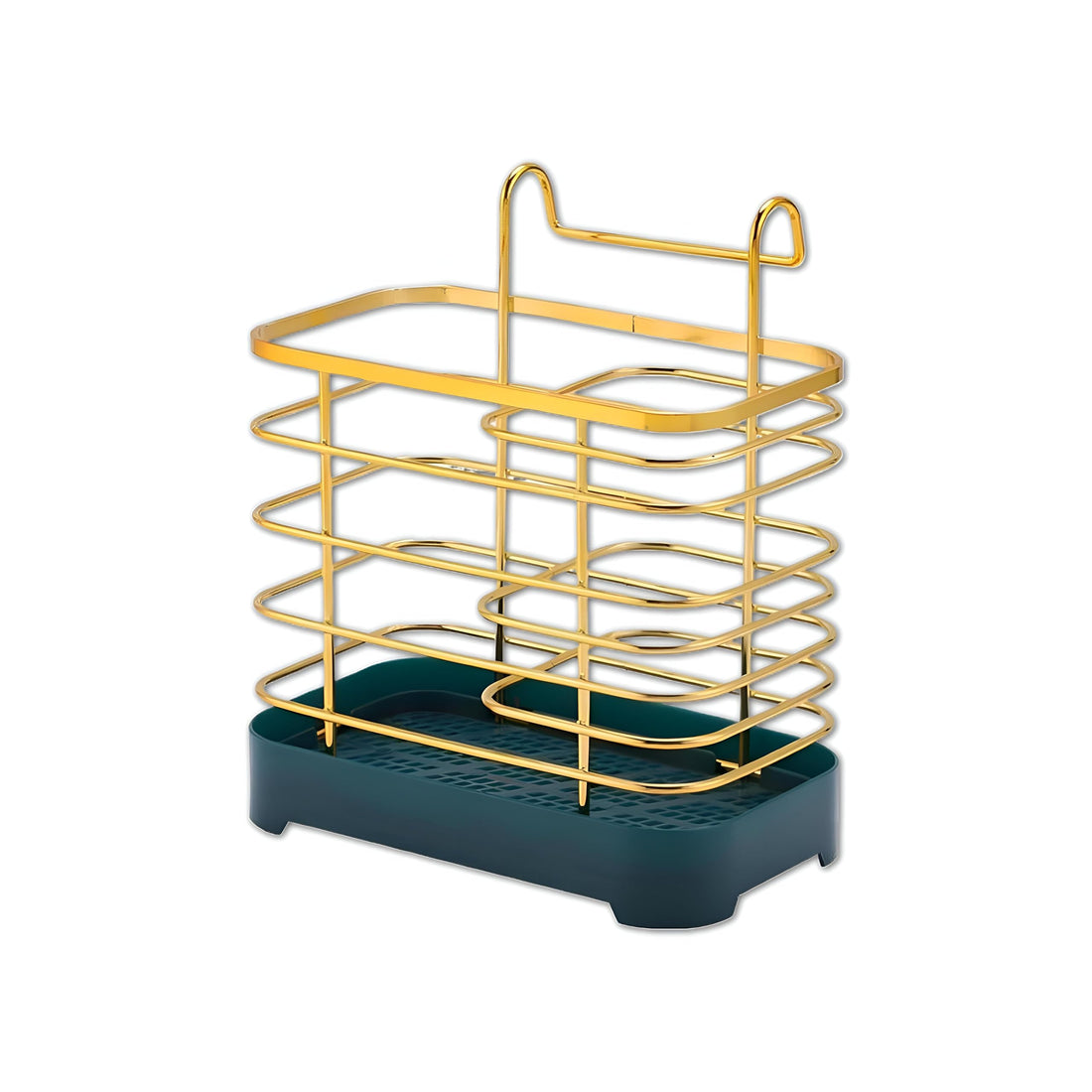 Luxury Chopstick Holder - Elegant gold-plated utensil organizer with smart draining system and rectangular plastic base, ideal for keeping tableware clean and neatly arranged