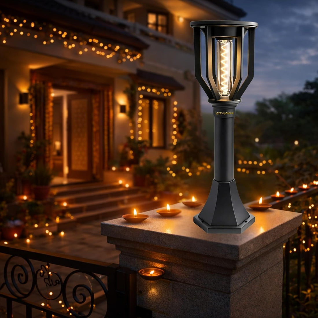 Outdoor LED Pillar Lamp Solar Patio Light, Modern Garden Lighting, Black Metal Body, Hexagonal Design with Clear Glass, Decorative Lighting for Entrance Porch (centimeters, 105)