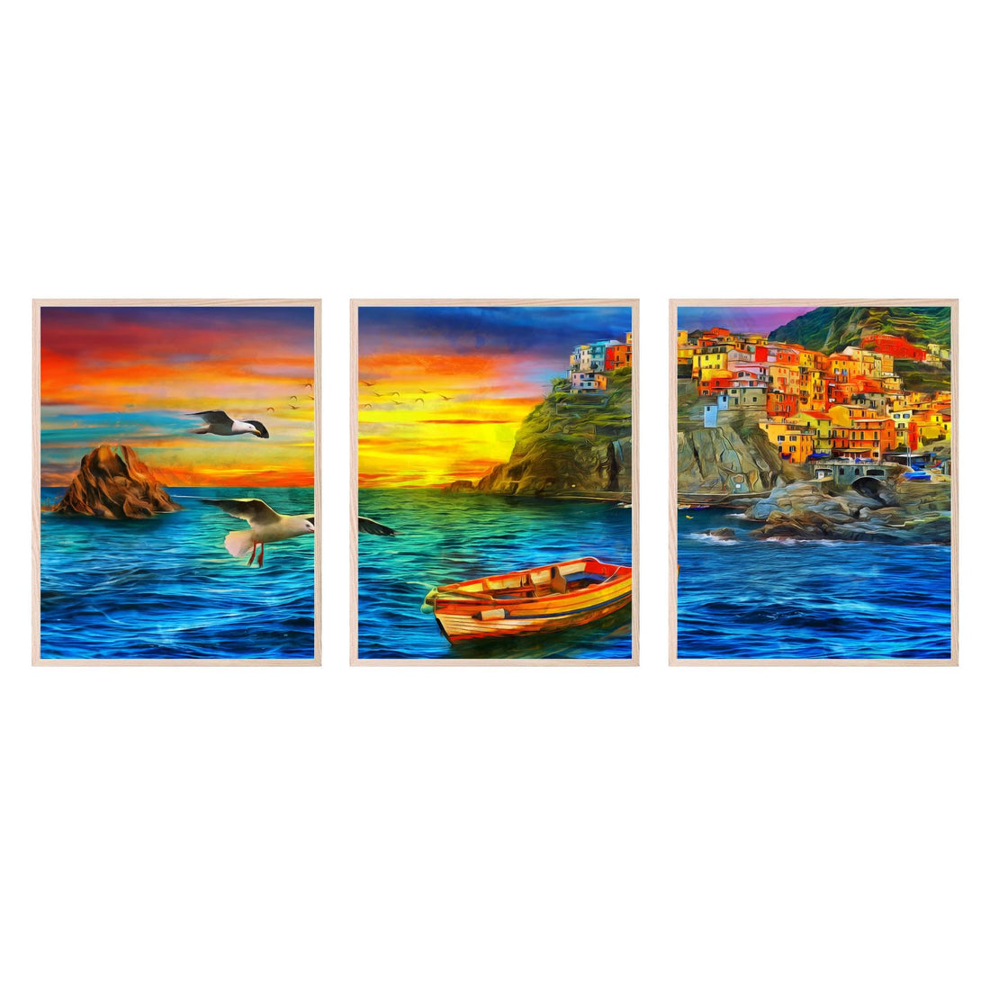 BigWig Prints Cinque Terre Italy Wall Art - Mediterranean Wall Art, Amalfi Coast Wall Art, Seaside Cliff Watercolor Prints, Oceanfront Sunset Art, Seaside Village Poster - Unframed Set of 3 (12x16)