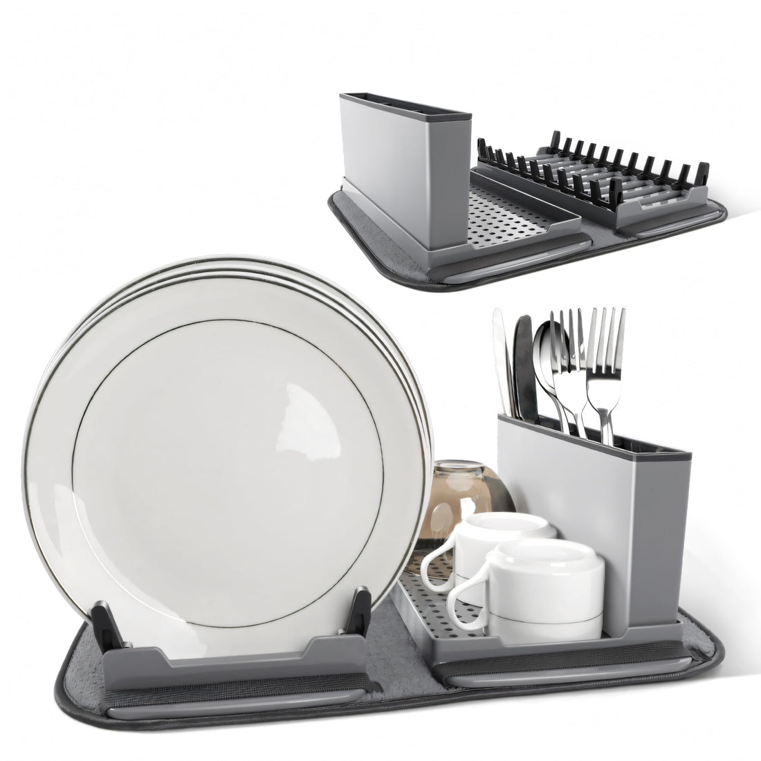 Zynova Collapsible Multifunctional Folding Kitchen Dish Drainer Drying Rack for Silverware Dishes, Cups, Space Saving with Machine Washable Dry Mat