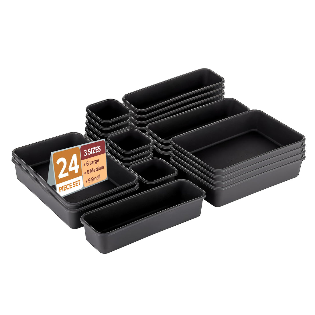 Kuber Industries Plastic Set of 24 Multi-Purpose Makeup Drawer Organisers Set for Storage | Drawer Divider for Kitchen & Bathroom | Ideal for Cosmetics Utensils & Personal Items | Matte Black