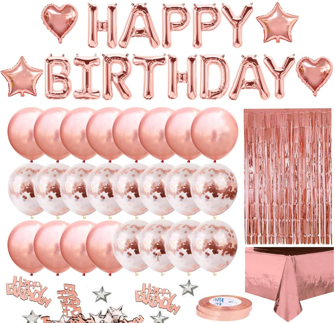 Rose Gold Birthday Party Decoration, Happy Birthday Banner, Rose Gold Fringe Curtain, Foil Tablecloth, Heart Star Foil Confetti Balloons and 10g Table Confetti for Birthday Party