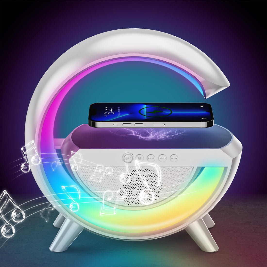 Marstey LED Table Lamp with Wireless Charger, 10 RGB Color Changing Ambient Light, Dimmable Night Light with Music Sync, Smart Lamp and Bluetooth Speaker for Living Room Bedroom