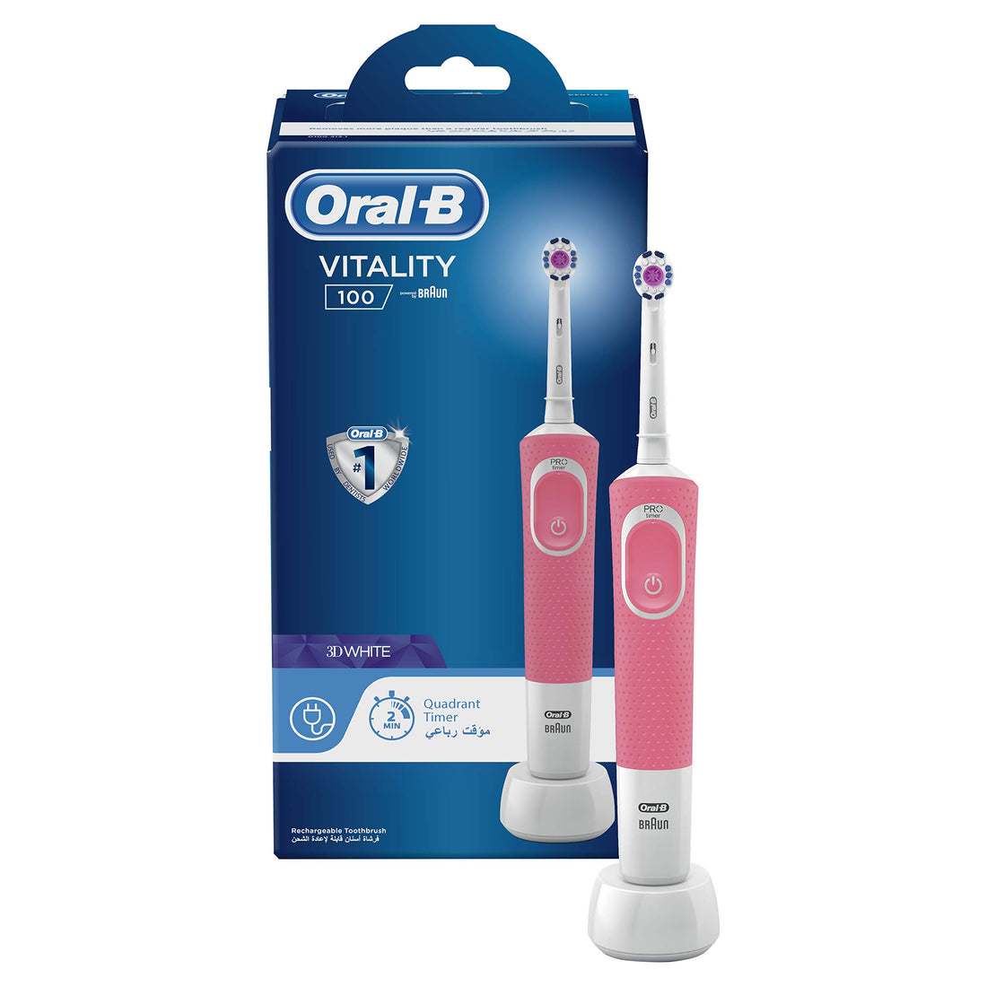 Oral B Vitality 100 Pink Electric Rechargeable Toothbrush, With Uae 3 Pin Plug