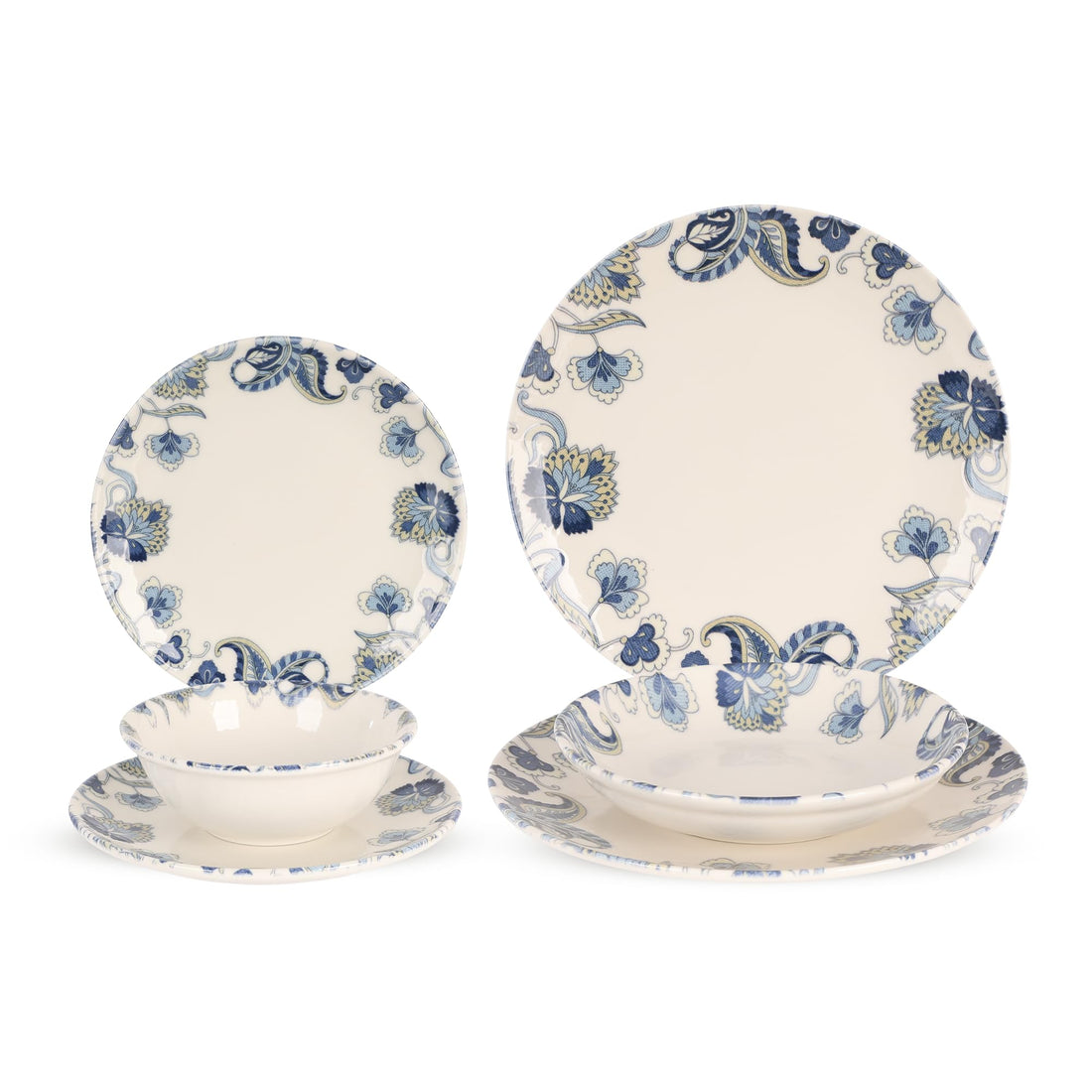 Cooker Dinner Set, 24-Piece Porcelain Dinner Set, Cream with Blue Floral Pattern, Service for 6, Turkish Made, Meercato