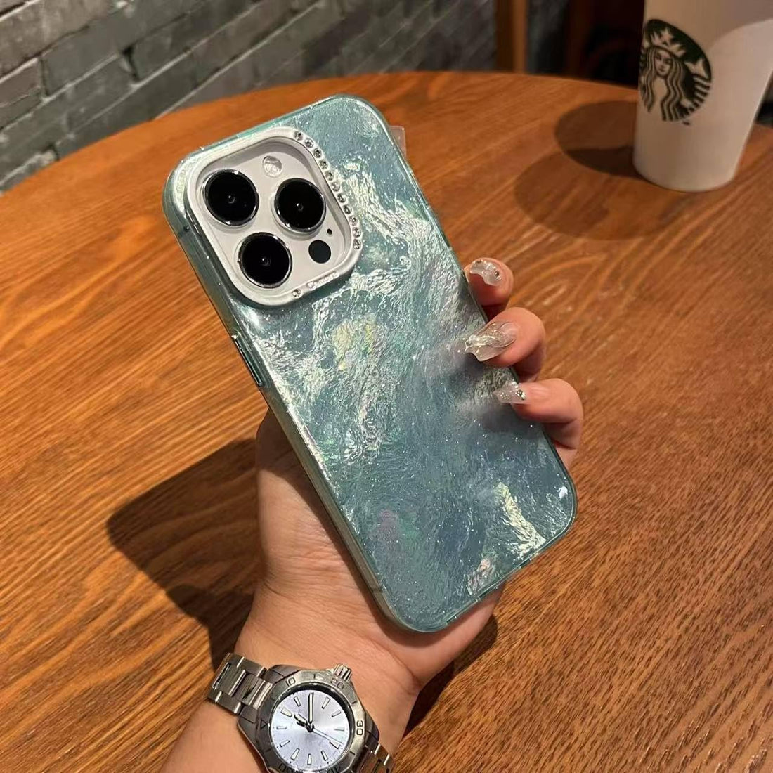 Eco Case for iPhone Star Diamond Raised Camera Protection New Case 2025, Trendy 3D Aesthetic Water Ripple Mirror Glitter Colorful Mobile Fancy Cover for iPhone (Shiny Green, iPhone 15 Pro Max)