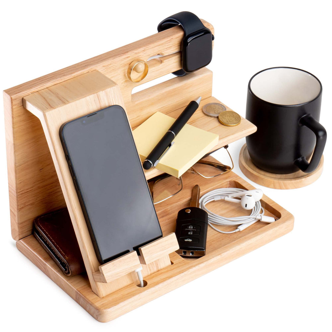 Wood Phone Docking Station - Nightstand Organizer for Men & Women, Phone Docking Station, Rubber Wood, with Watch Holder, Anniversary Birthday