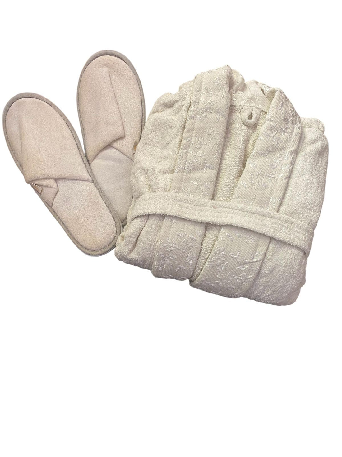 Home Bathroom Set, Bathrobe and Slippers Set, Soft Cotton Cream Beige Color for Women and Men