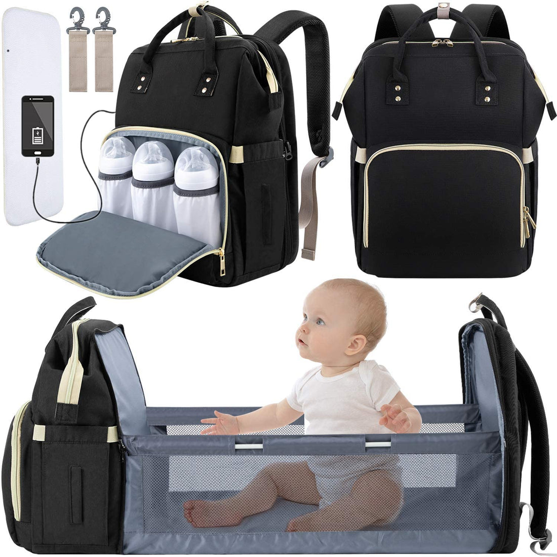 3 in 1 Diaper Bag Backpack with Changing Station, Large Capacity, Waterproof Shower Gifts Baby Stuff Newborn Essentials, Unisex and Stylish(Black)