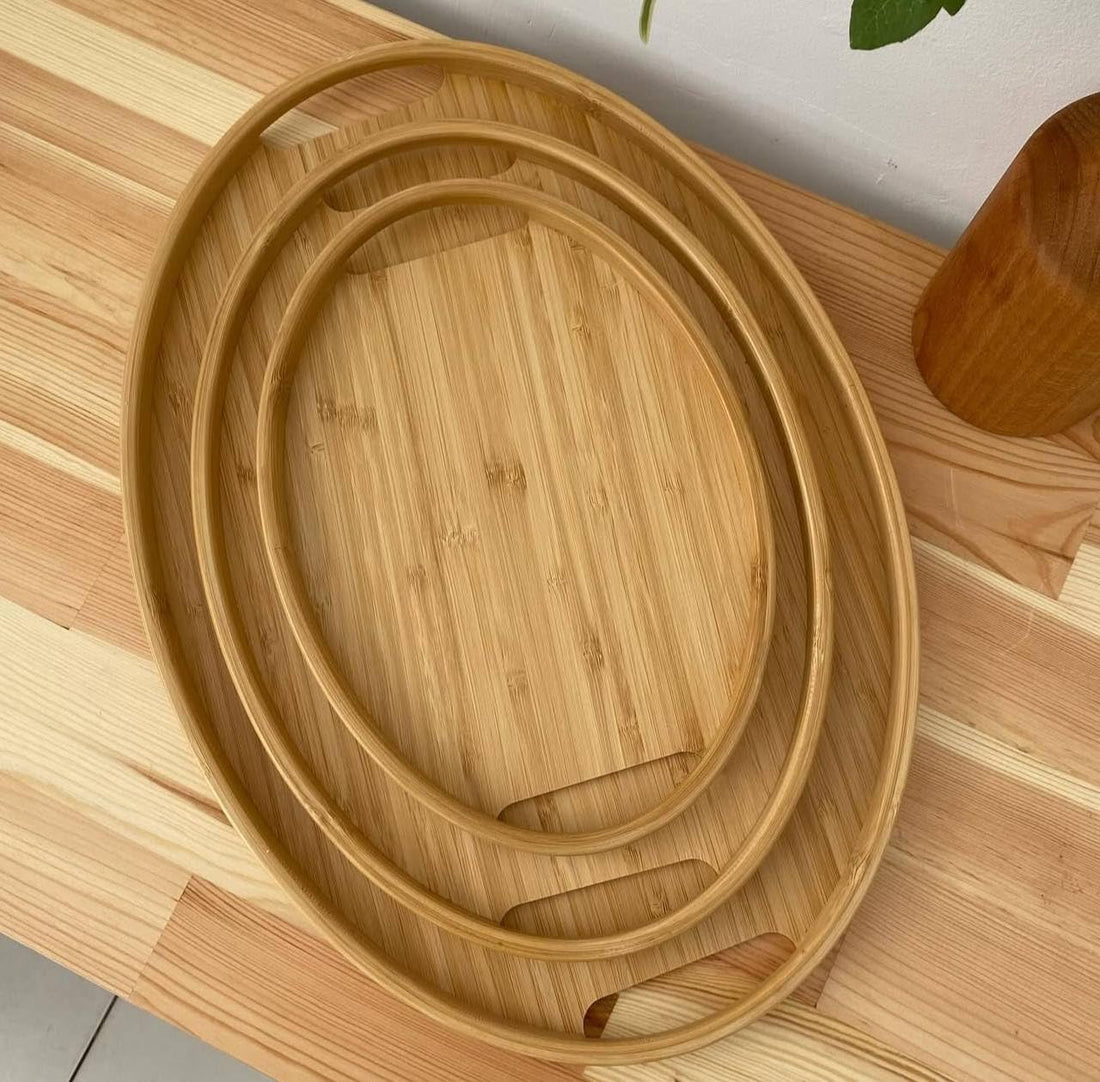 Generic Oval Bamboo Serving Tray Set, 3 Pieces in Different Sizes, Natural Wood, .ht