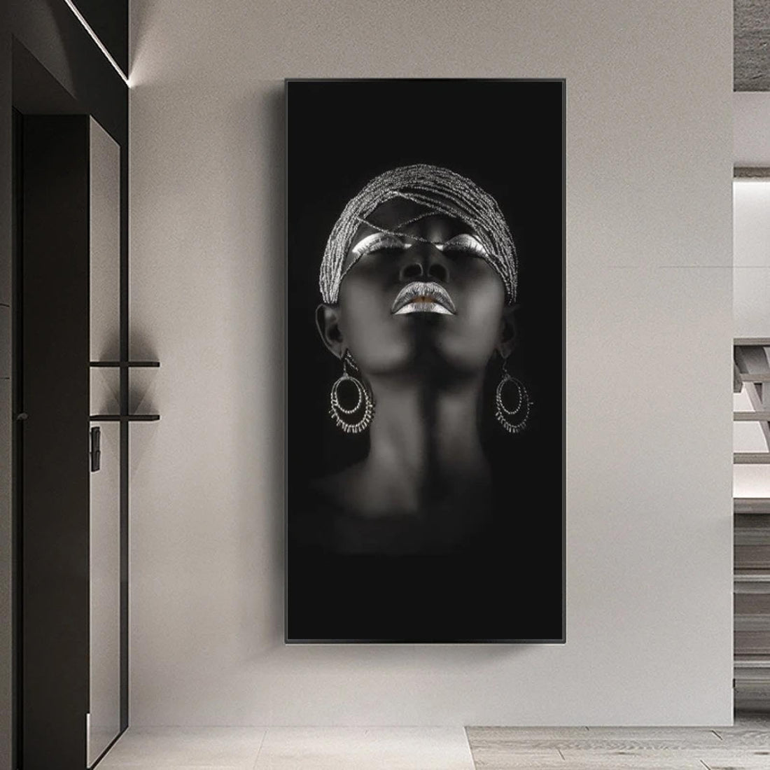 dsdsgog Black Woman With Silver Jewelry Canvas Paintings Wall Art Pictures African Canvas Art Posters And Prints for Modern Home Decor 50x100cm Frameless