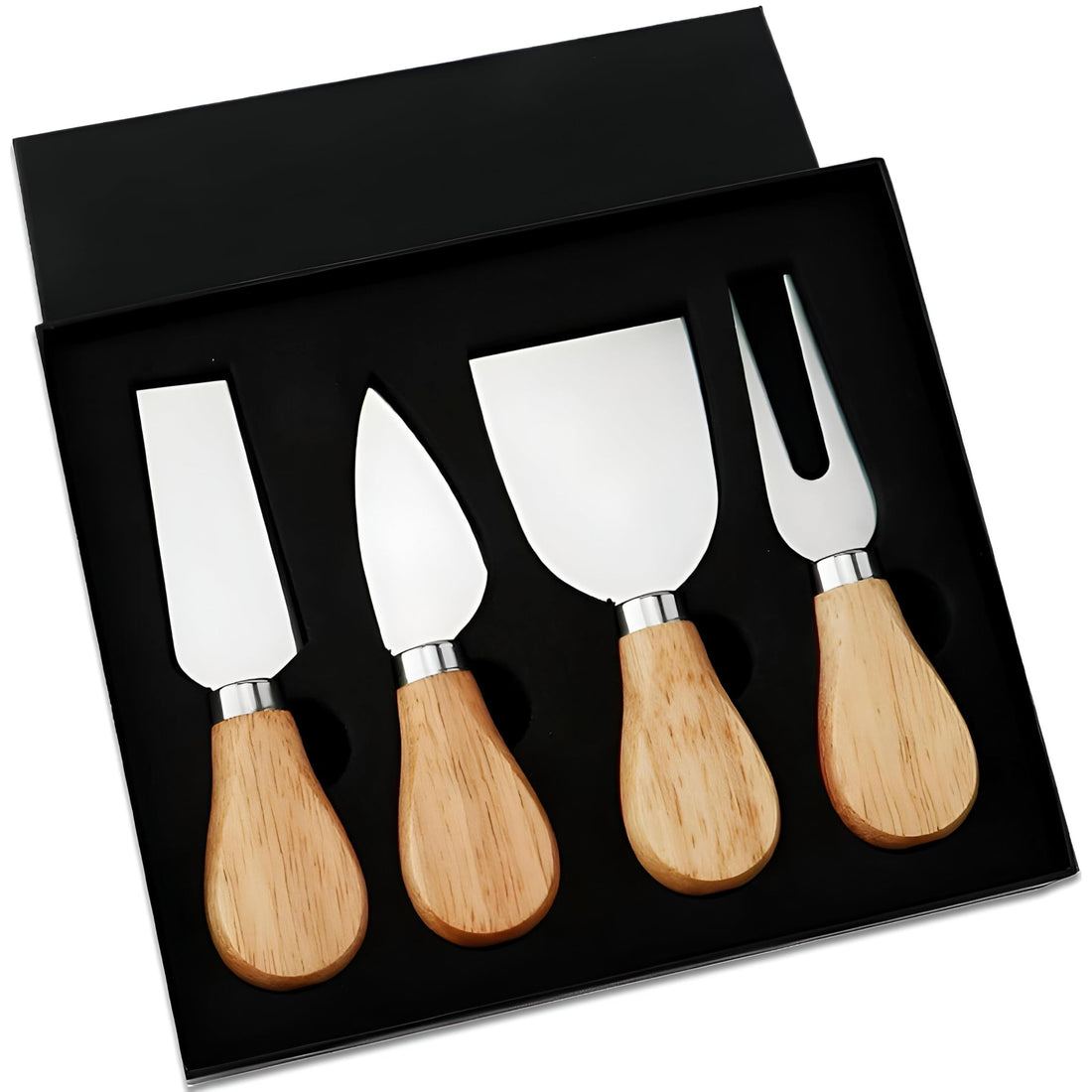 Cheese Knife Set - A 4-piece stainless steel and wooden handle collection for slicing, spreading, and serving cheese, butter, and pizza effortlessly and elegantly at any gathering.