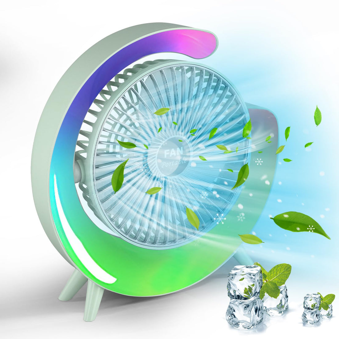 Rechargeable Portable Fan 2000mAh, 9 Inch RGB Desk Fan with 3 Fan Speeds & 8 Color Lights, USB Silent Desk Fan, for Home Office Travel Camping