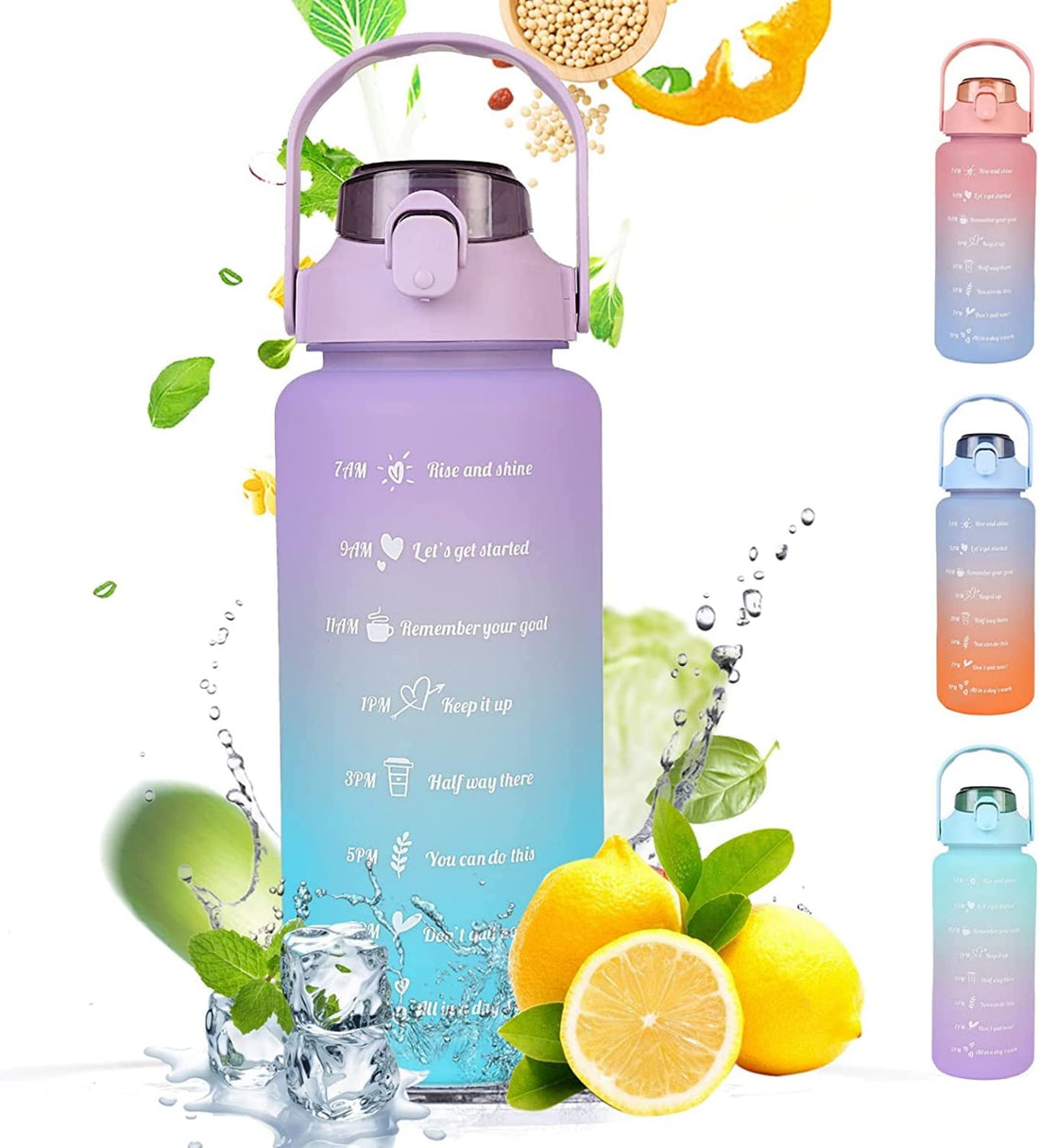 2L Water Bottle with Straw 64 Oz Motivational Sports Water Bottle with Time Capacity Marker BPA Free Big Large Gym Cycling Water Bottle Cup Jug for Kids School Outdoor Fitness (Lavender Sapphire)