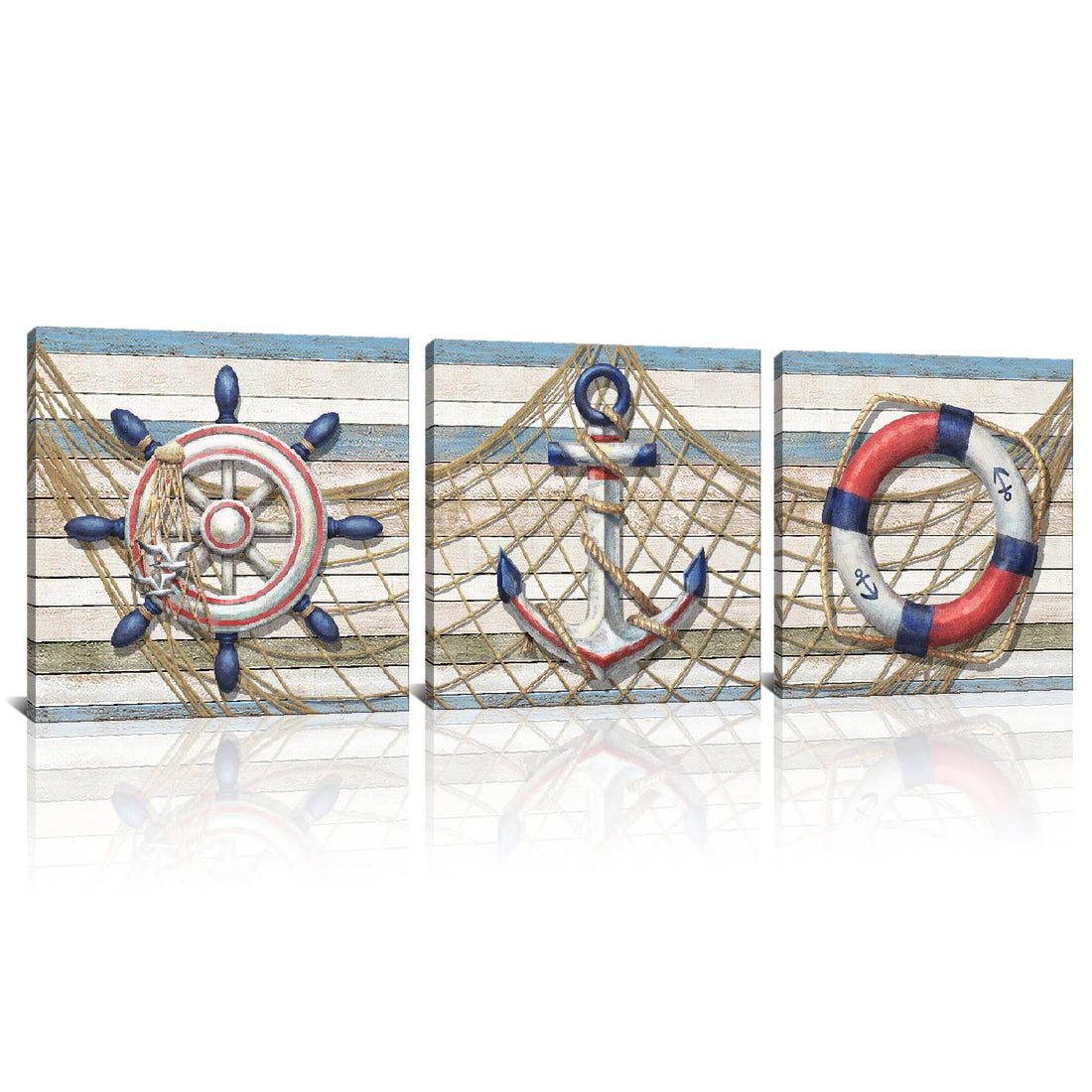 Derkymo 3 Pieces Nautical Wall Art Anchor Life Buoy Rudder with Nets Pictures for Wall Coastal Home Decor Ready to Hang for Bathroom Bedroom 12"x12"x3pcs