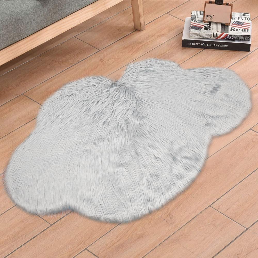 HEBE Faux Fur Rug Runner 2.3'X4' for Kids Grey Sheepskin Wool Area Rugs Cloud Shaped Nursery Rug Fur Plush Fluffy Throw Rug for Bedroom Sofa Living Room