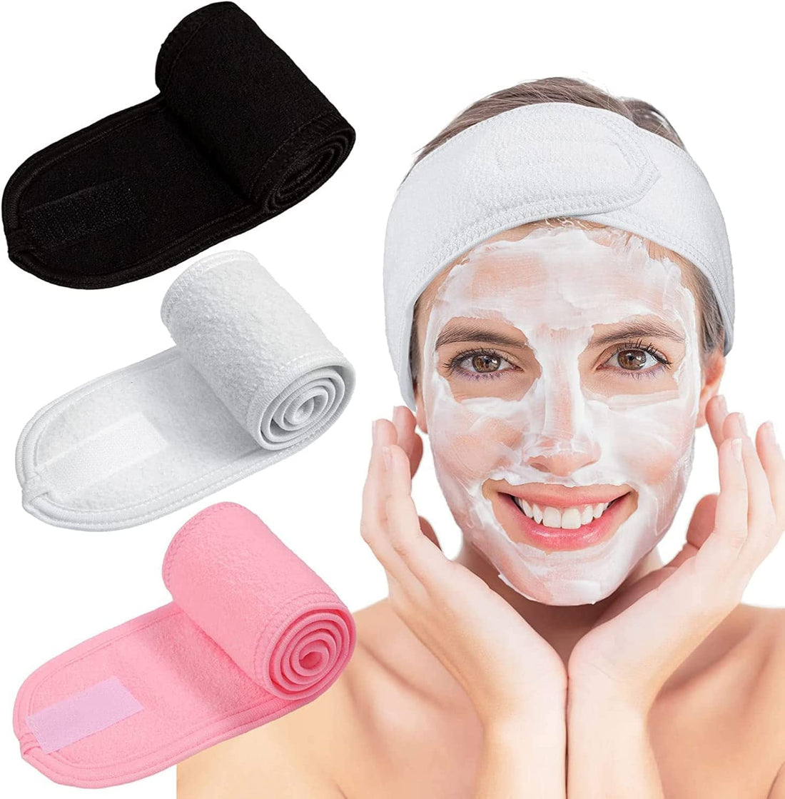 THE PACK 3 Cosmetic Headband Adjustable Spa Face Bandanas Stretchy Terry Cloth Face Wash Shower Face Mask Yoga Sports Headband with Magic Tape for Women (Multi_A)
