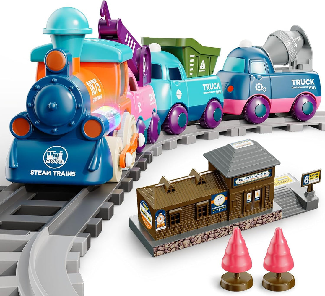 TOYS LAND Electric Train Set for Kids, Magnetic Train Toy with Tracks & Trucks, Battery Operated Trains with Lights & Sound, Birthday Gifts For Toddlers Boys and Girls Aged 3-8