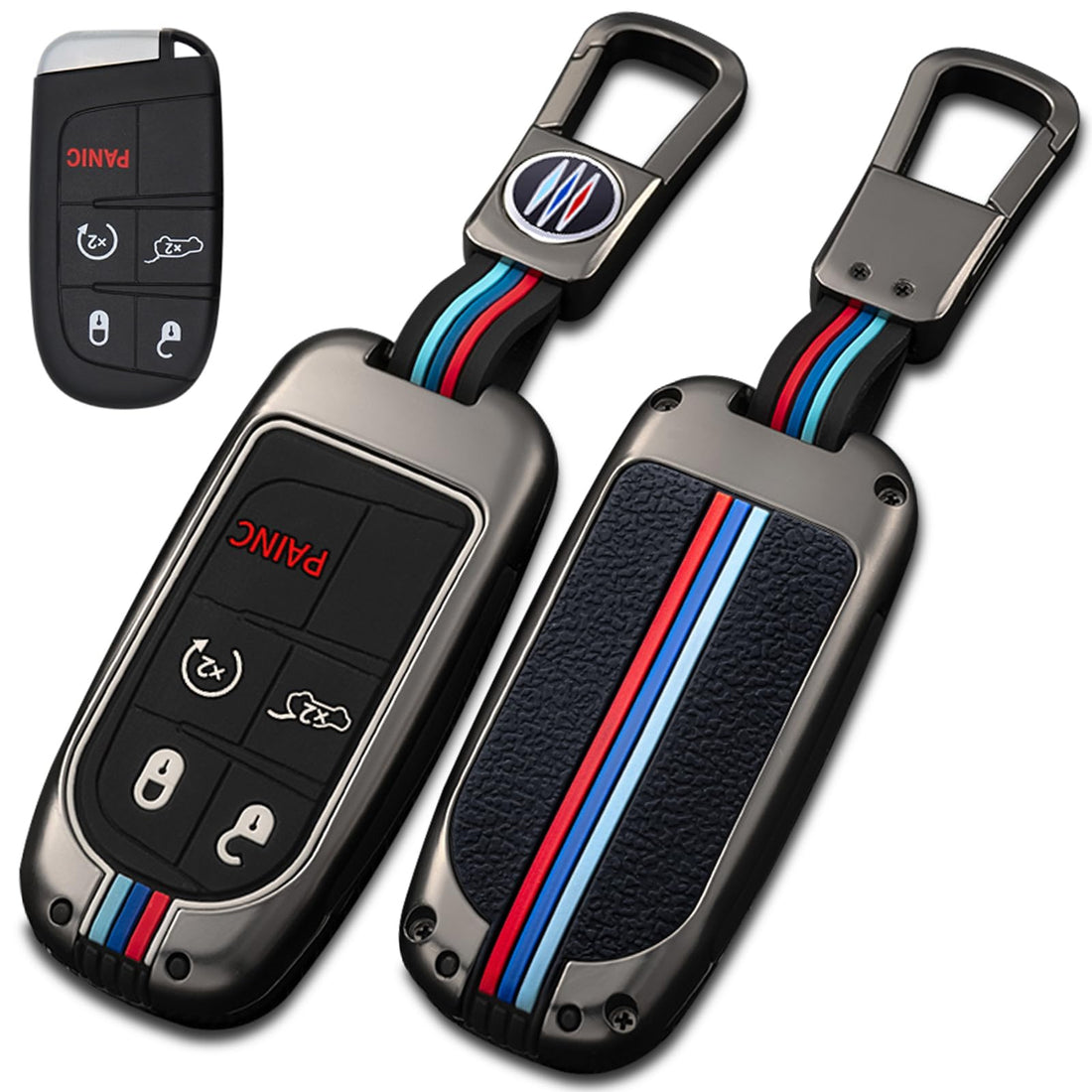 for Jeep Key Fob Cover 5 Button Metal Shell Soft Silicone with Keychain 360 Degree Protection Key Case for Grand Cherokee Renegade Chrysler 200 300 Dodge RAM Durango Challenger (Metal Gray A)