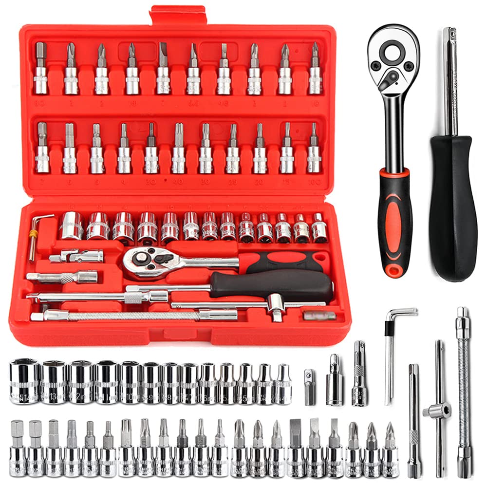 1/4" Dice Set, 46 Pieces Socket Set, Ratchet Wrench Set with Metric Drill Bit Socket Set and Extensions for Auto and Home Repair (Red)