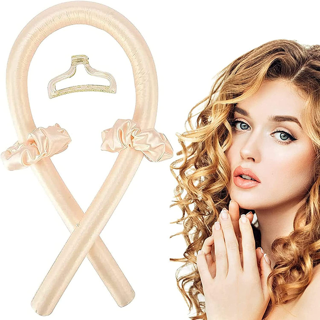 Arabest Heatless Curling Rod Headband No Heat Silk Ribbon Curling Rod Hair Roller Curls with Hair Claw Clip Lazy Natural Soft Wave DIY Hair Rollers Styling Tool for Sleep in Overnight, Champagne, M