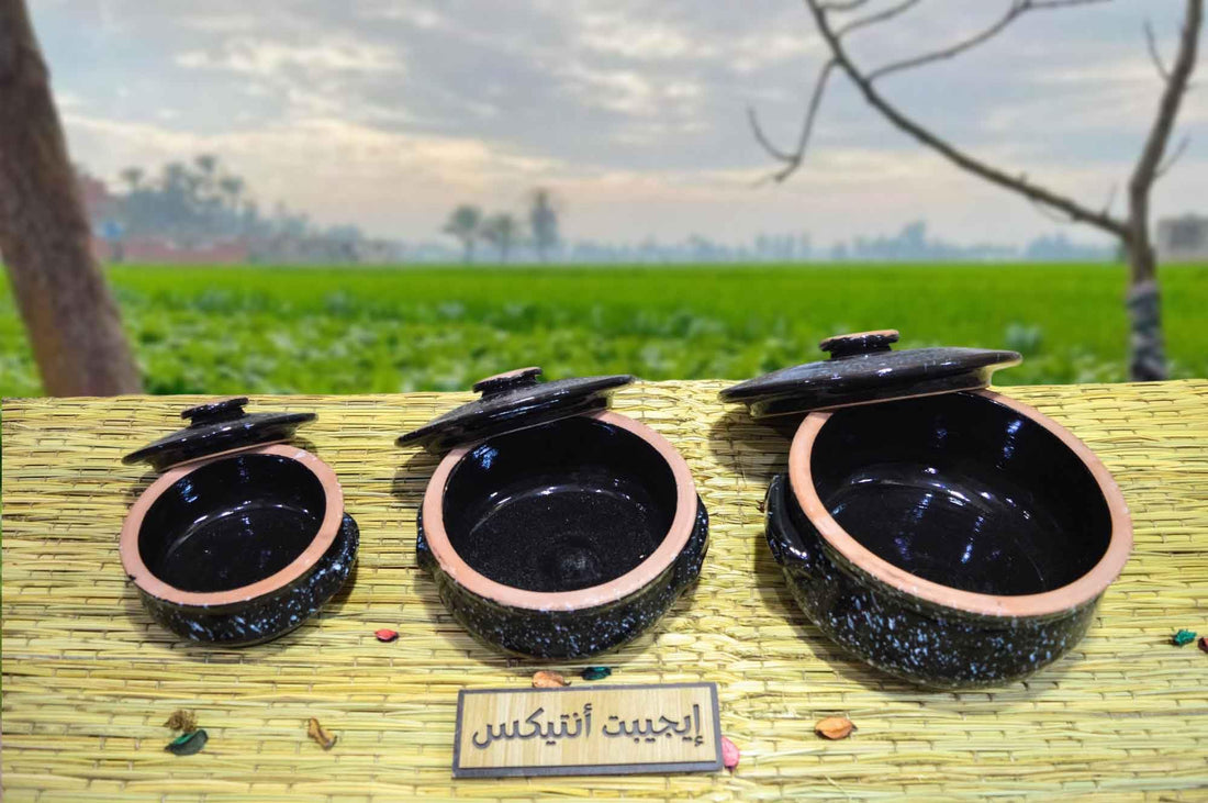 Healthy Pottery Pot Set Black Painted 3 Pieces 3 Different Sizes Egyptian Handmade 100% Egyptian Made by Egypt Intex