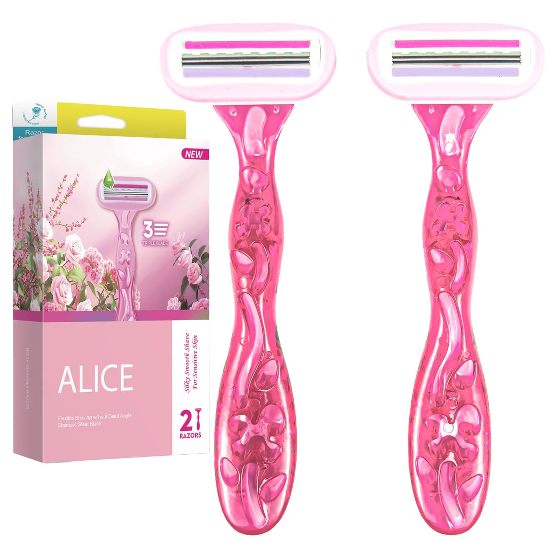 Alice Razor for Women – Set of 2 Body Shavers – Triple Stainless Blades, Flexible Head – Light Pink – For Sensitive Skin