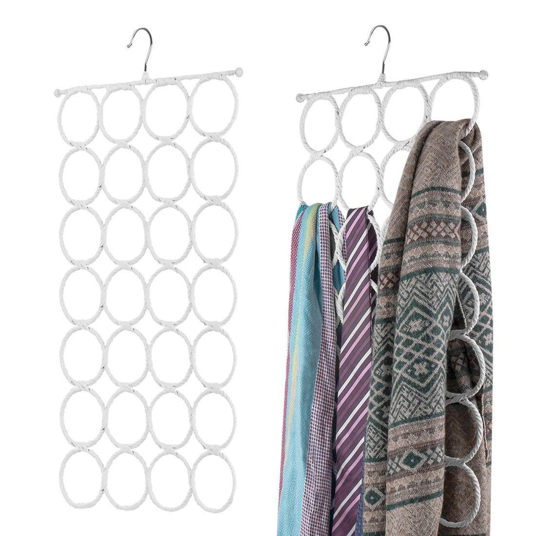 Flexzion Scarf Hanger Holder - (2 Pack, White) 28 Count Circles/Ring Slots Multifunctional Hanging Rack, Home Organizer, for Socks Scarf Ties Belt Mufflers Shawl/Door Closet Organization