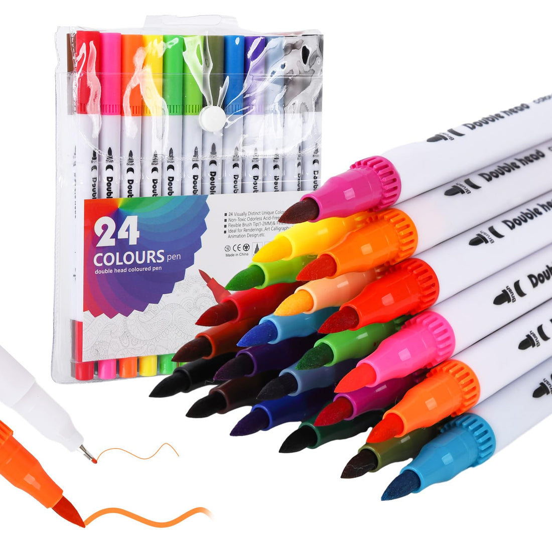 24 pcs Dual Tip Brush Pens Colouring Pens Felt Tip Pens for Adults Children Drawing Pens Art Pens Set, Fine liner Felt Tip Pens Art Supplies Fineliner Marker Brush Pens for Coloured Markers (A)